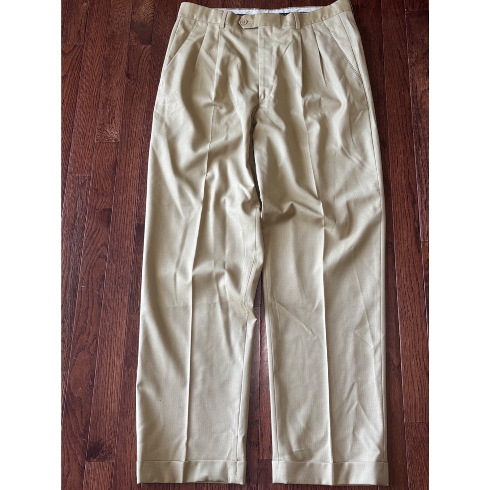 Lanificio Comero Super 100s Wool Pleated Cuffed Herringbone Trousers Tan 34x32